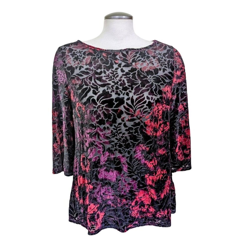 Roz Ali Velvet Burnout Top Size M Womens Semi Sheer Silky Mesh Dark Red Black